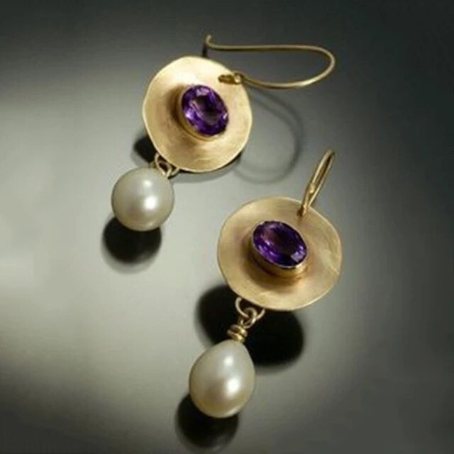 Boucles d'oreilles vintage en zirconium doré et violet avec perles